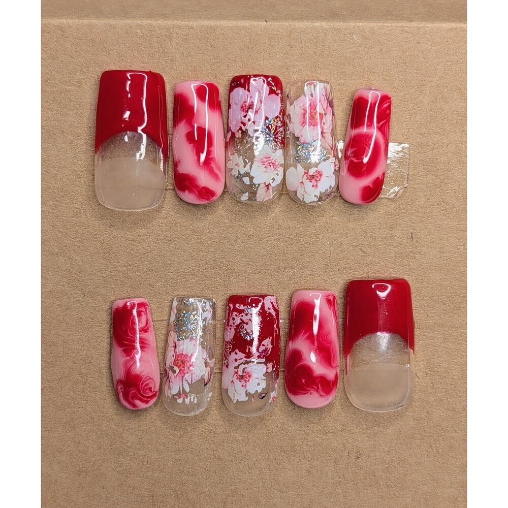 Red Floral Medium Square Tip Gel Press-‎ On Nail Set